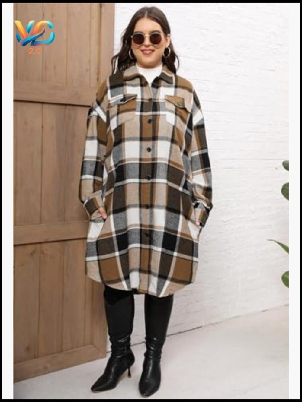 Plus Size Plaid Flannel Shacket Long Jacket Oversized Coat - Picture 4 of 7